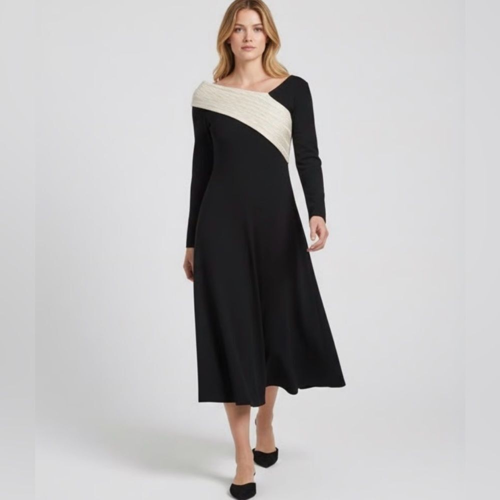 Dalia MacPhee Cream Asymmetrical Cable Knit Neck Black Midi Sweater Dress M NWT